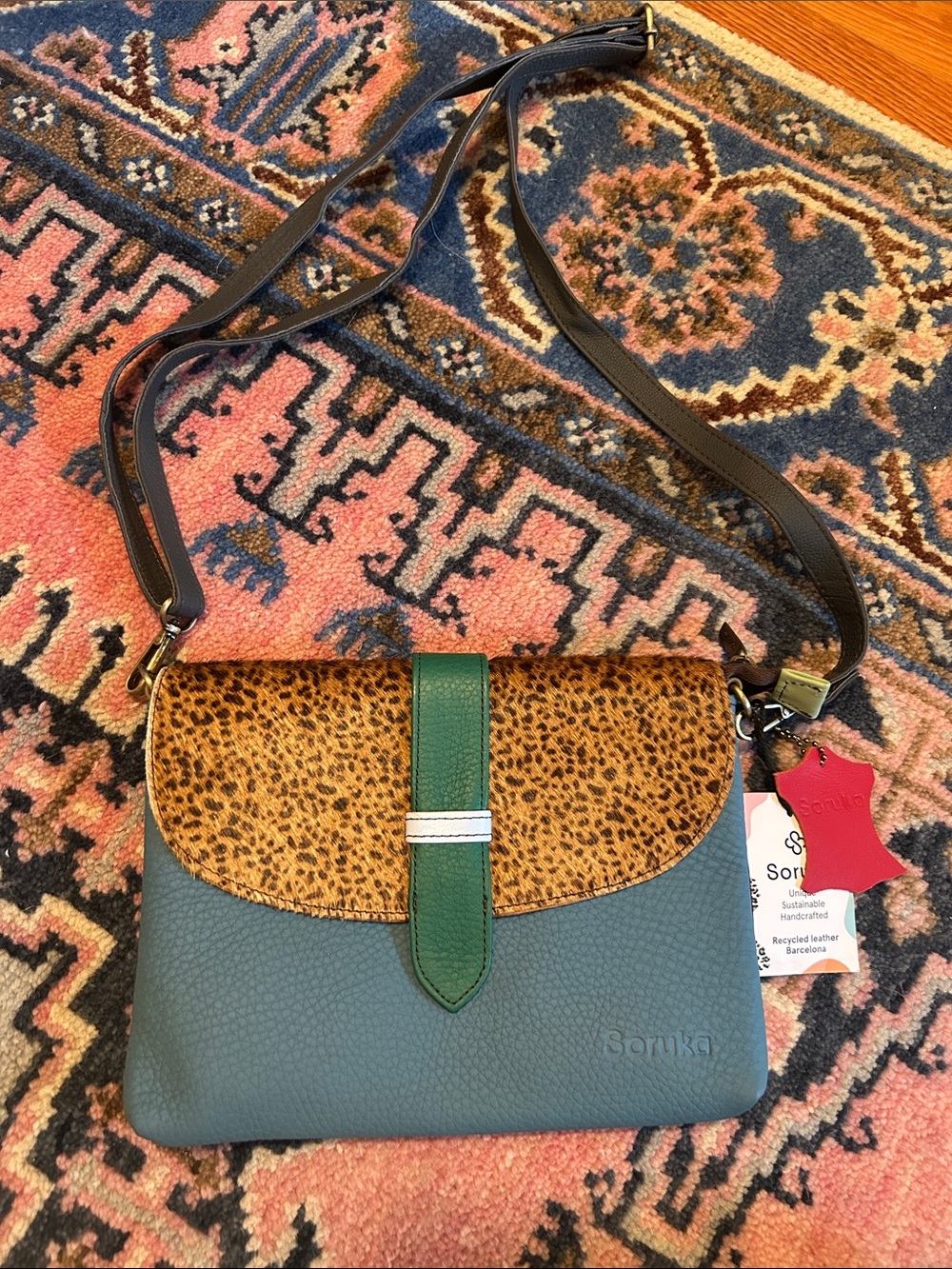 Green Leather & Leopard-Print Crossbody Bag